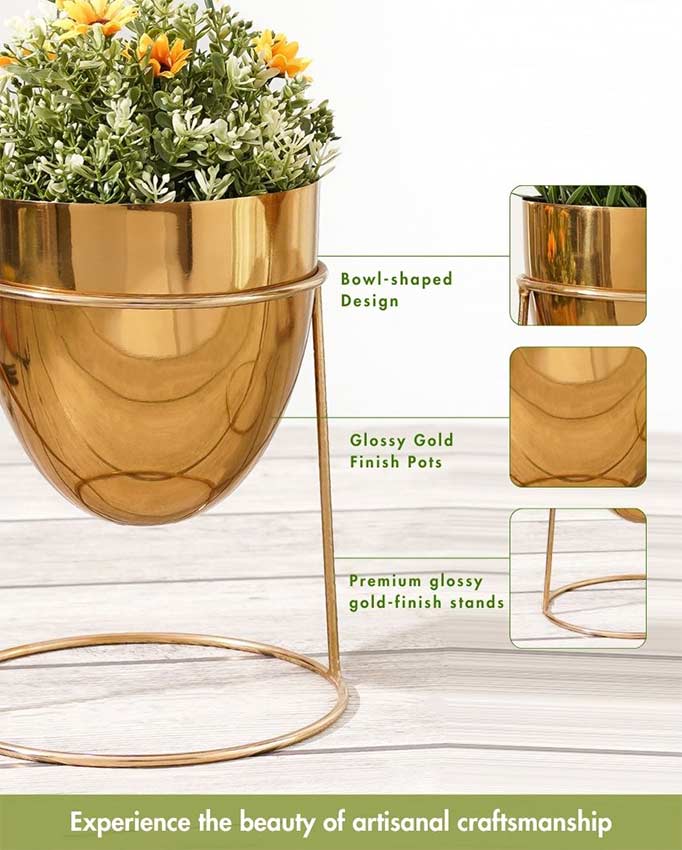 Elegant Golden Shade Planter with Round Gold Stand | Pack of 2