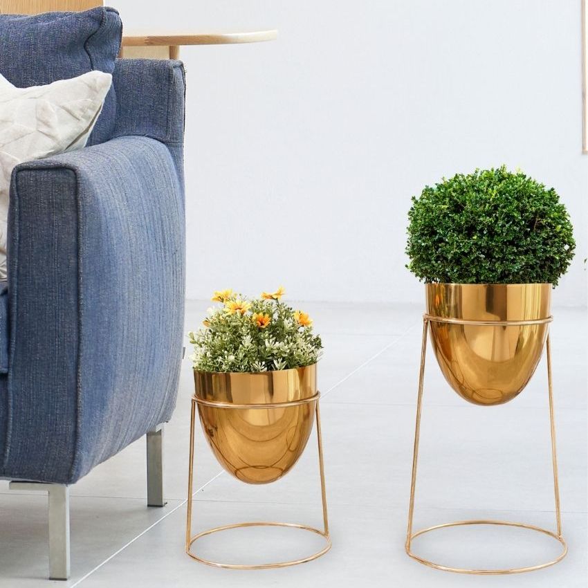 Elegant Golden Shade Planter with Round Gold Stand | Pack of 2