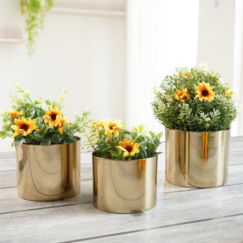 Beautiful Cylindrical Golden Shade Planter without Plant | Pack of 3