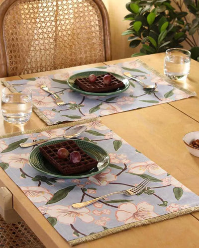 Blue Badamwari Flower Printed Cotton Satin Placemats | Set of 2 | 19 x 13 Inches