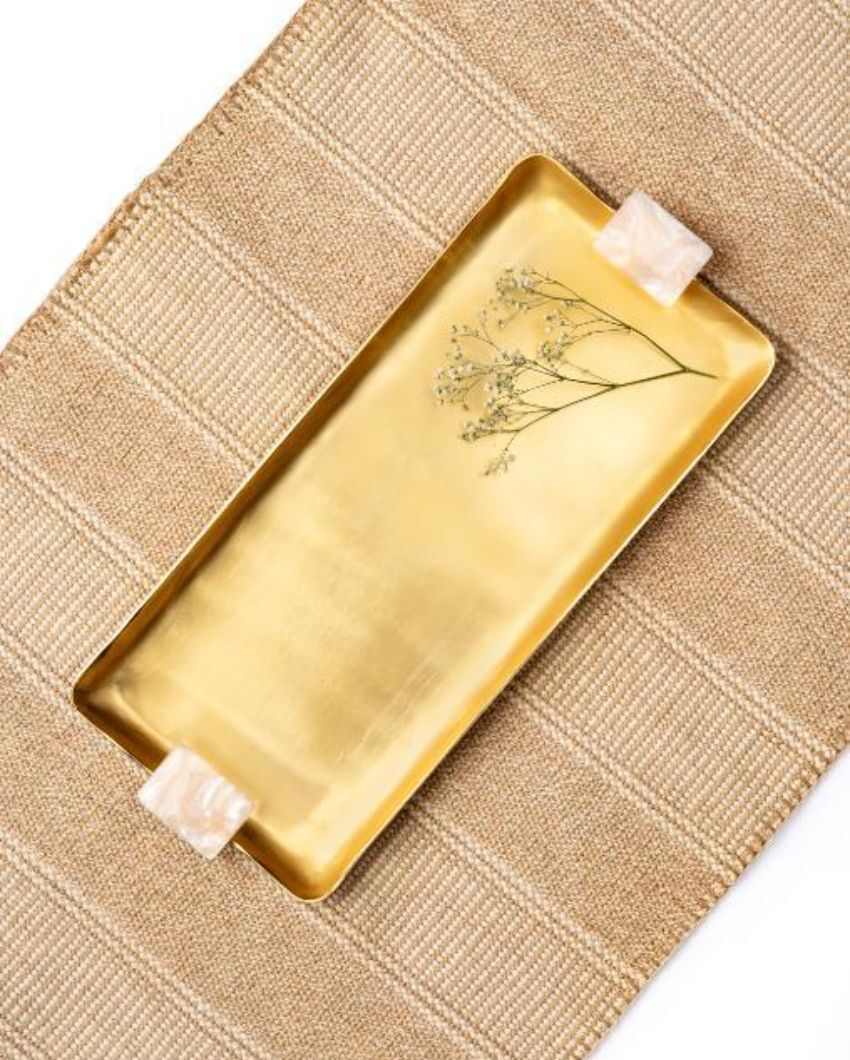 Elegant Gold Finish Serving Tray with Agate Stone Handles | 15 x 6 inches