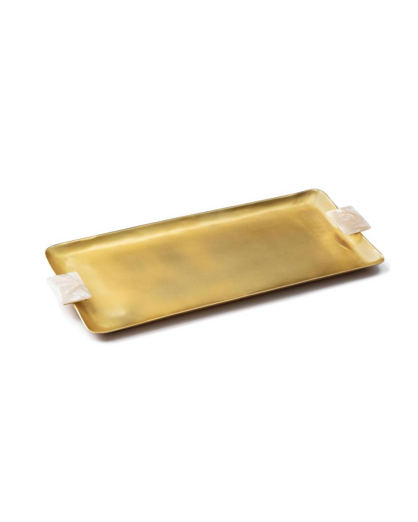 Elegant Gold Finish Serving Tray with Agate Stone Handles | 15 x 6 inches