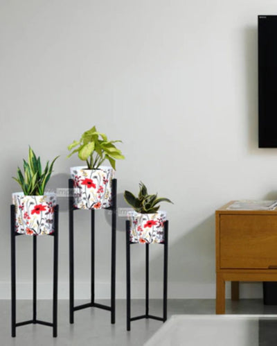 Chic Floral Printed Metal Floor Planter with Elegant Stand Without Plant | Pack of 3