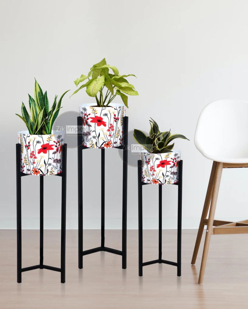 Chic Floral Printed Metal Floor Planter with Elegant Stand Without Plant | Pack of 3