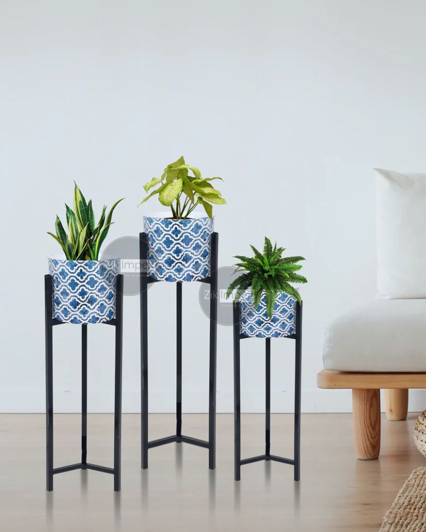 Mandala Art Printed Metal Floor Planter with Stand Without Plant | Pack of 3