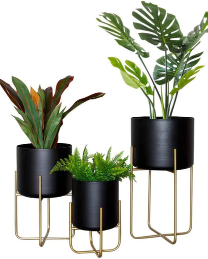 Sleek Elegance Metallic Finish Planter with Stand Without Plant | Pack of 3