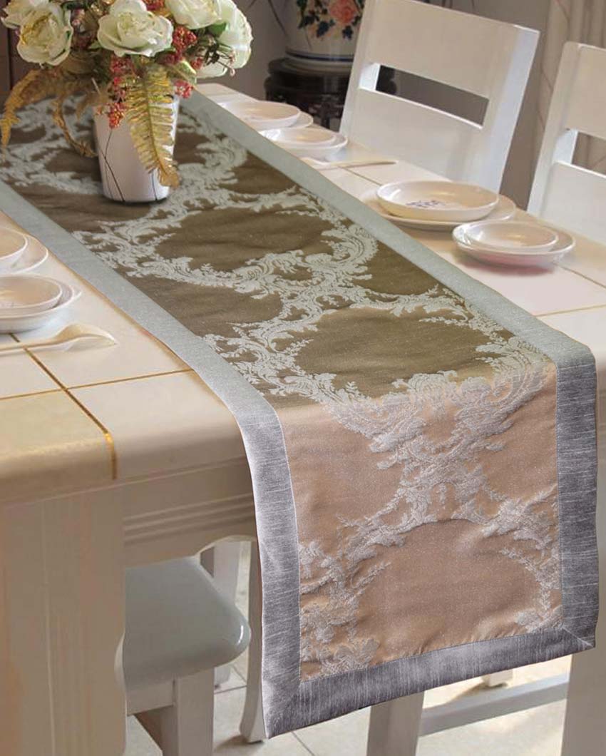 Jacquard 6 Seater Polyester Dining Table Runner | 16 X 72 Inches | Single Warm Silver
