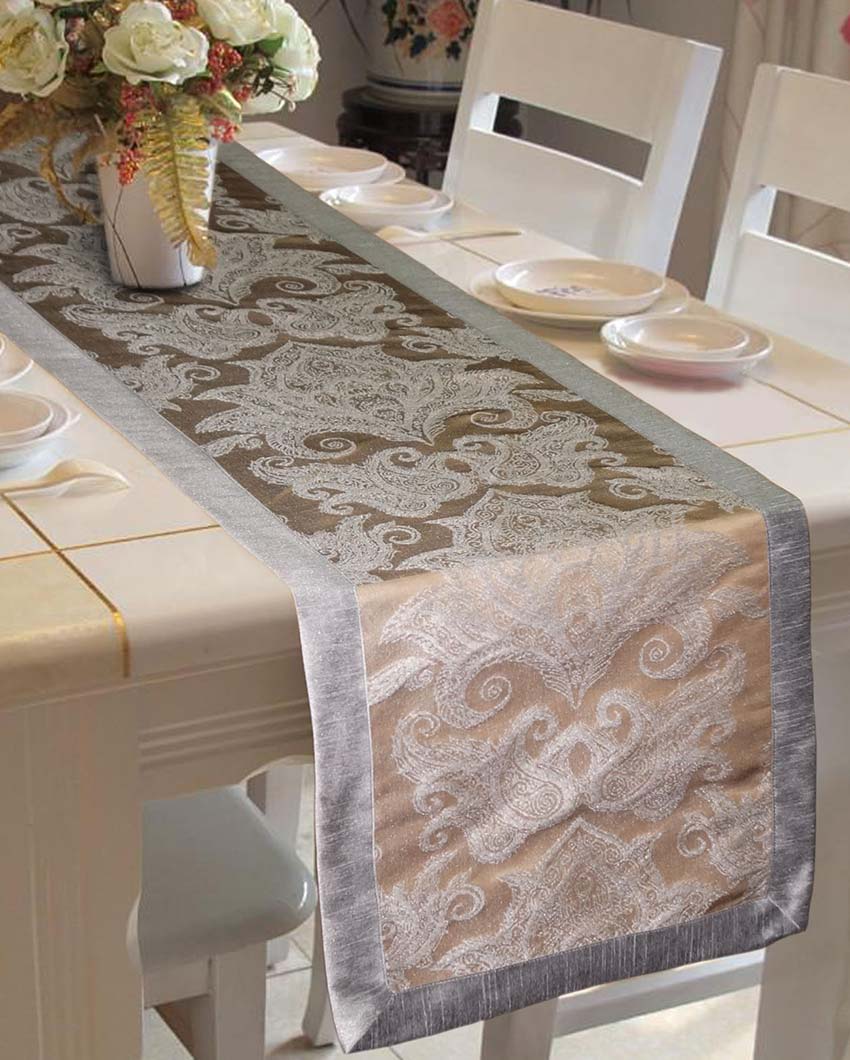 Jacquard 6 Seater Polyester Dining Table Runner | 16 X 72 Inches | Single Lite Silver