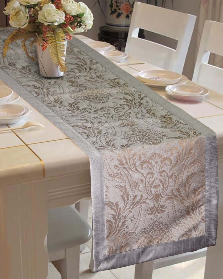 Jacquard 6 Seater Polyester Dining Table Runner | 16 X 72 Inches | Single Grey