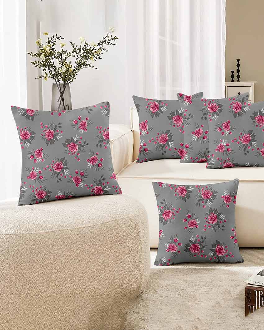 Roses Printed Grey Polyester Twill Cushion Covers | Set Of 5 | 18 x 18 inches , 20 x 20 inches