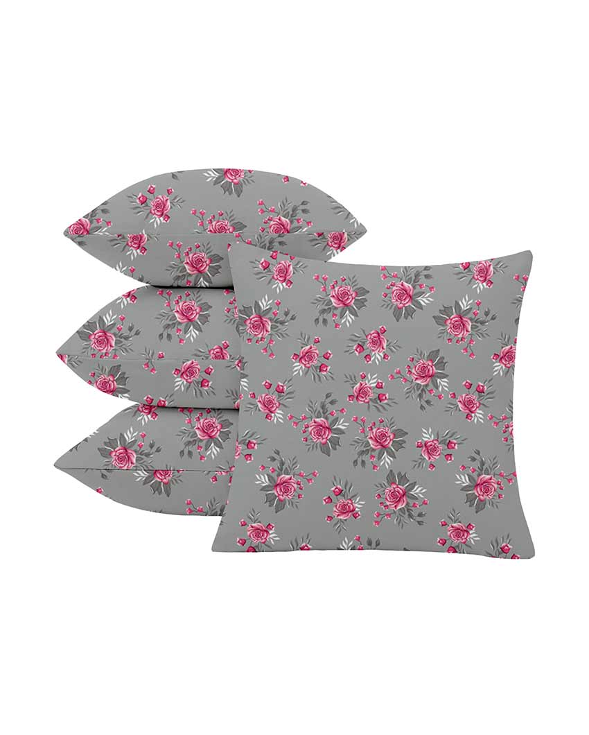 Roses Printed Grey Polyester Twill Cushion Covers | Set Of 5 | 18 x 18 inches , 20 x 20 inches