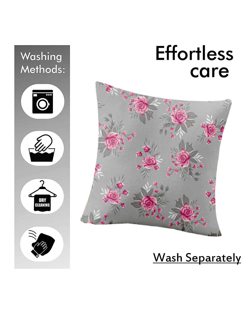 Roses Printed Grey Polyester Twill Cushion Covers | Set Of 5 | 18 x 18 inches , 20 x 20 inches