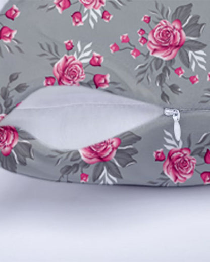 Roses Printed Grey Polyester Twill Cushion Covers | Set Of 5 | 18 x 18 inches , 20 x 20 inches