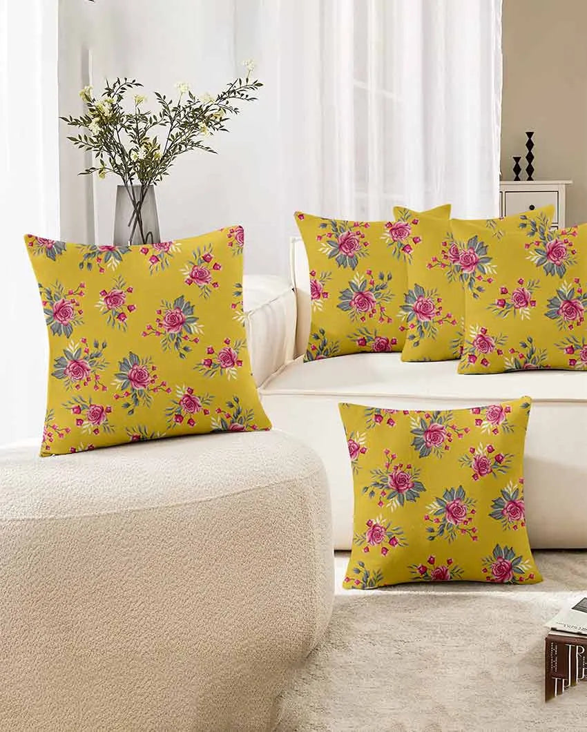 Roses Printed Yellow Polyester Twill Cushion Covers | Set Of 5 | 18 x 18 inches , 20 x 20 inches