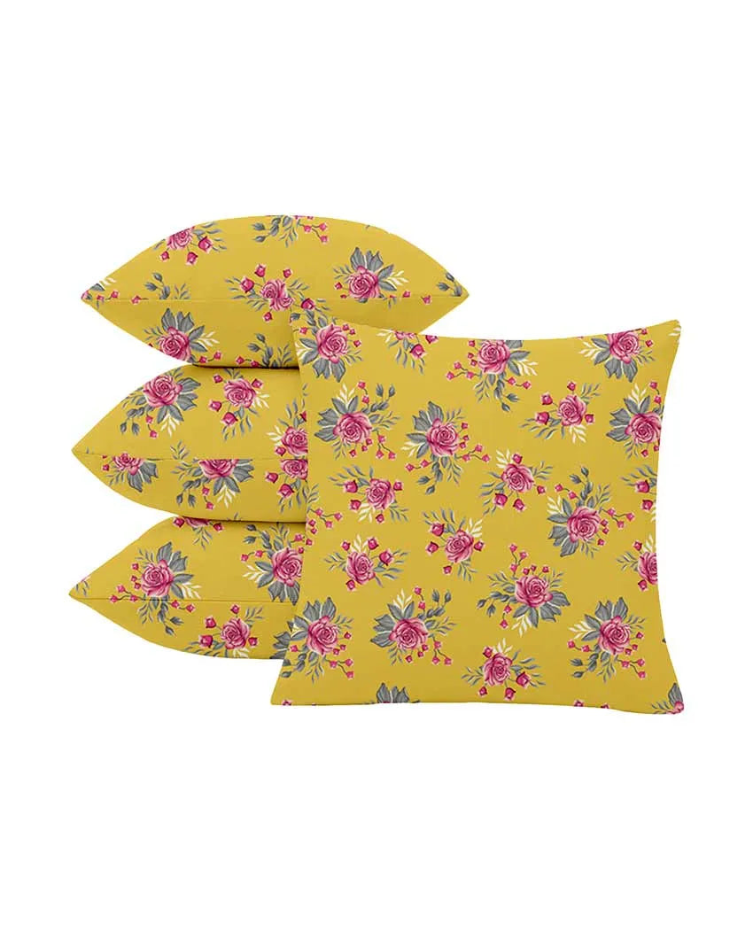 Roses Printed Yellow Polyester Twill Cushion Covers | Set Of 5 | 18 x 18 inches , 20 x 20 inches