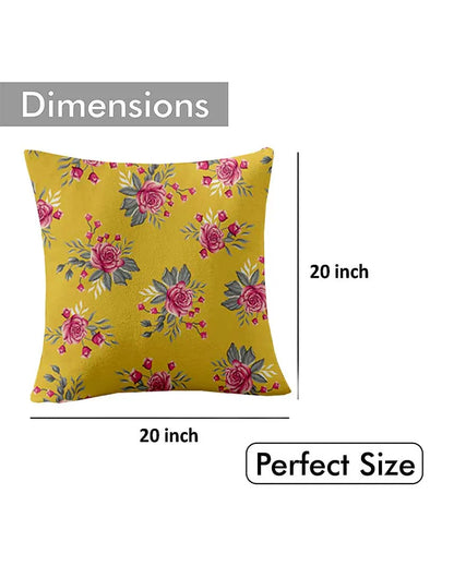 Roses Printed Yellow Polyester Twill Cushion Covers | Set Of 5 | 18 x 18 inches , 20 x 20 inches