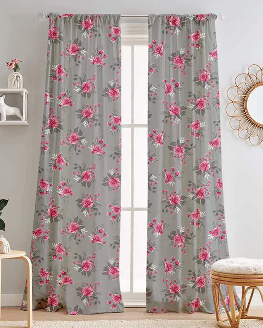 Blooms Printed Polyester Semi Sheer Door Curtains | Set Of 2