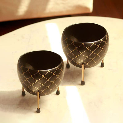 The Onyx Black & Gold Metal Pot with Stand | Set of 2