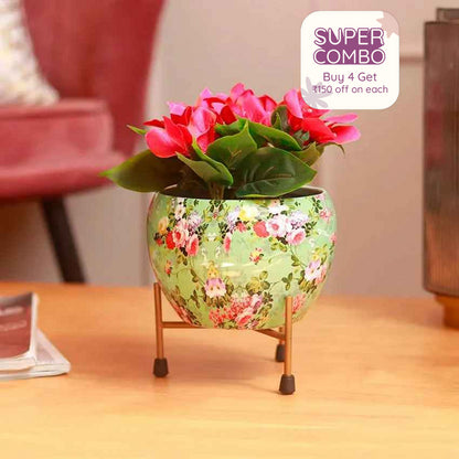 Green Floral Metal Pot With Stand | Single