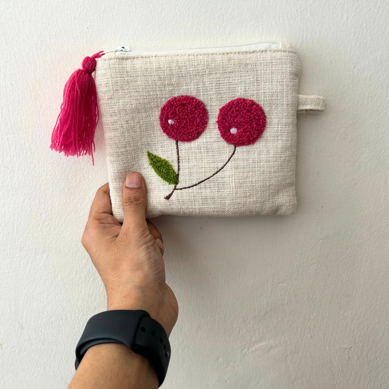 Cherry Pattern Hand Pouch | 6x6 Inches White