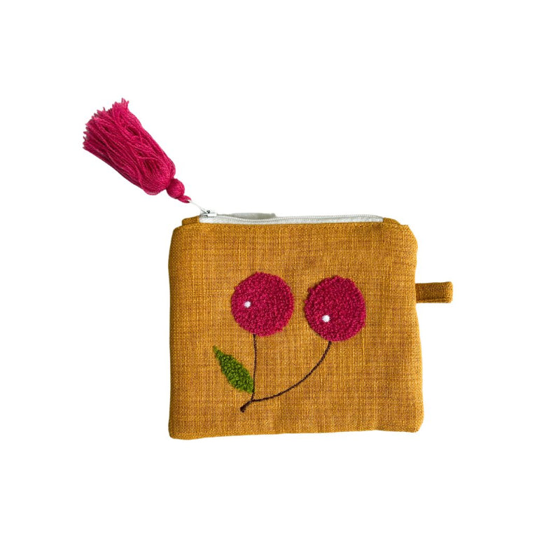 Cherry Pattern Hand Pouch | 6x6 Inches Yellow