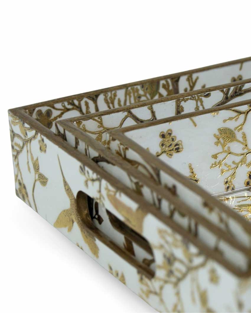 Golden Hummingbird & Floral Branch Tray | Set of 3