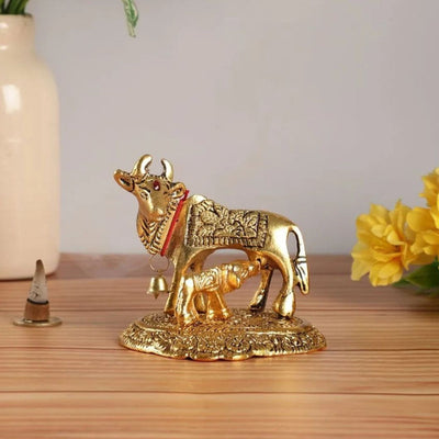 Attractive Golden Metal Kamdhenu Cow With Calf Showpieces