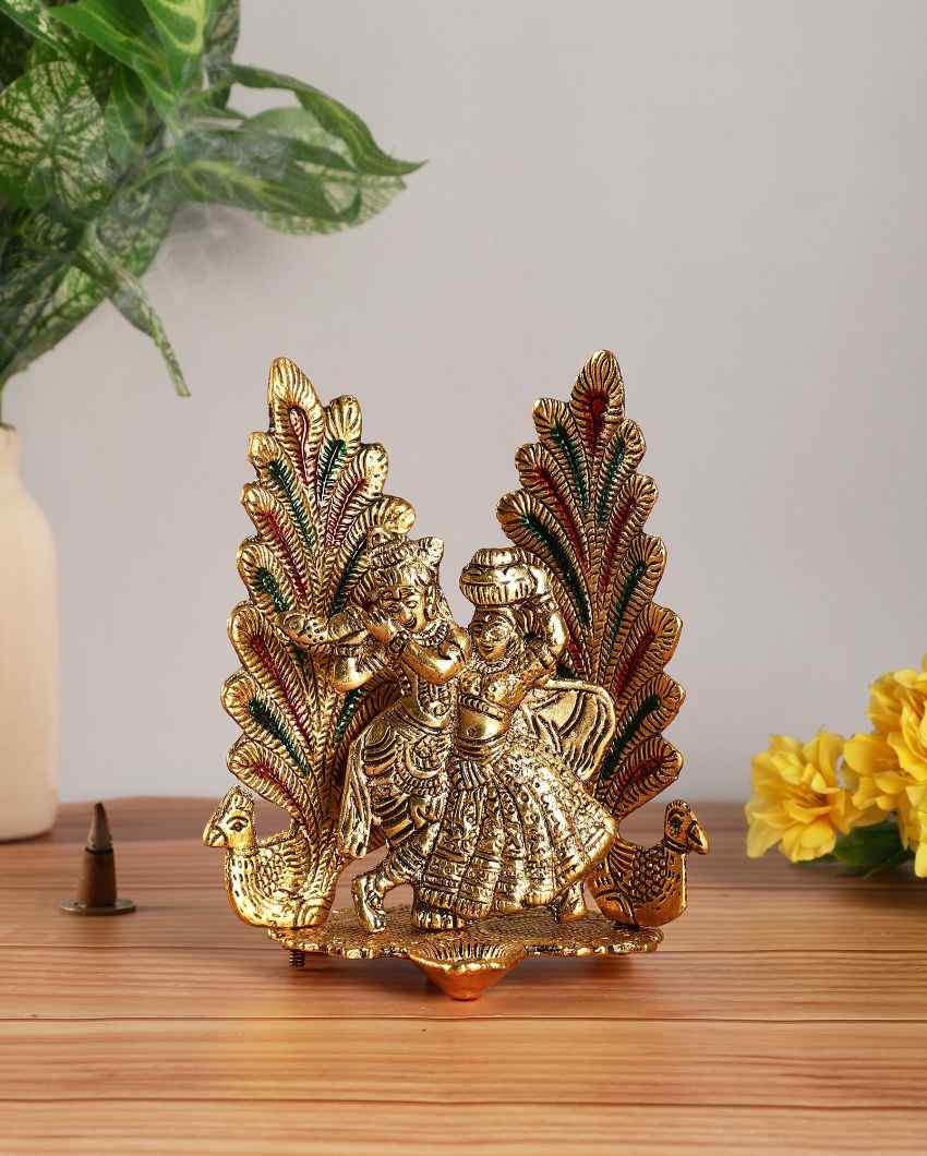 Radha Krishna Metal Statues With Diya And Peacock