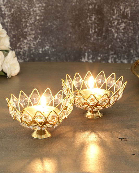 Classy Crystal Metal Diya | Set of 2 | 4 x 2 inches