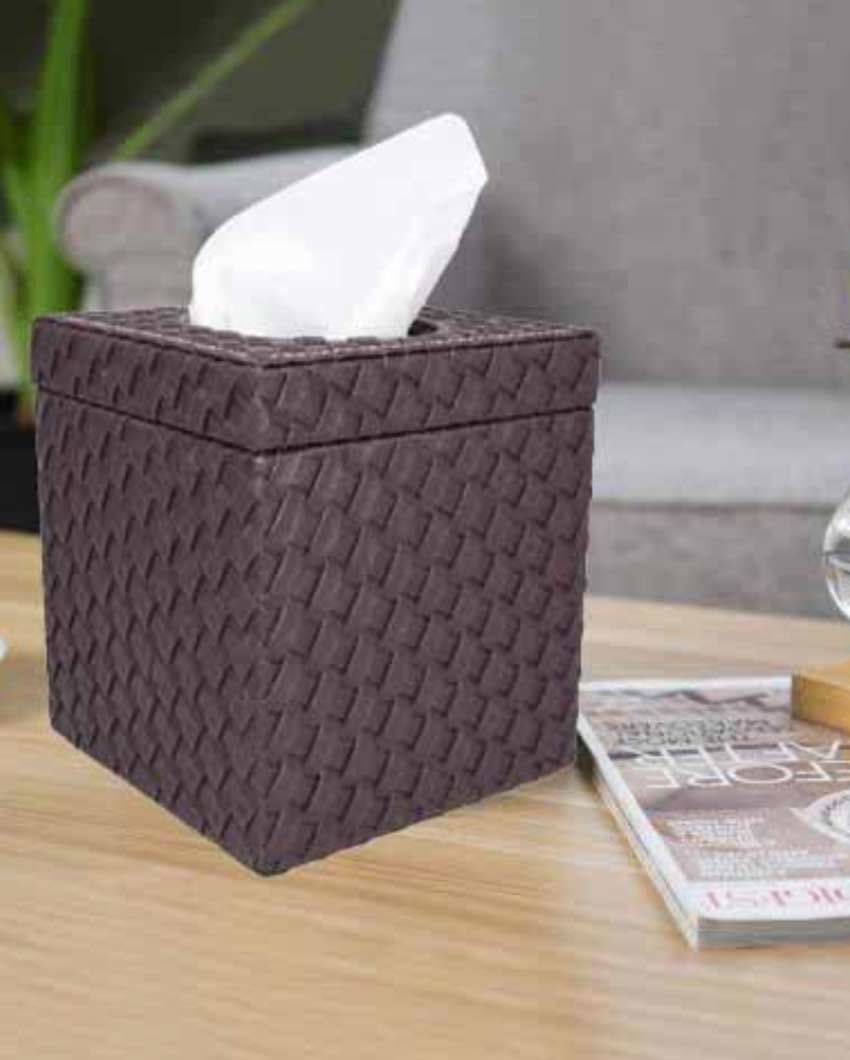 Stylish Square Woven Pattern Faux Leather Tissue Box | 5 x 5 inches