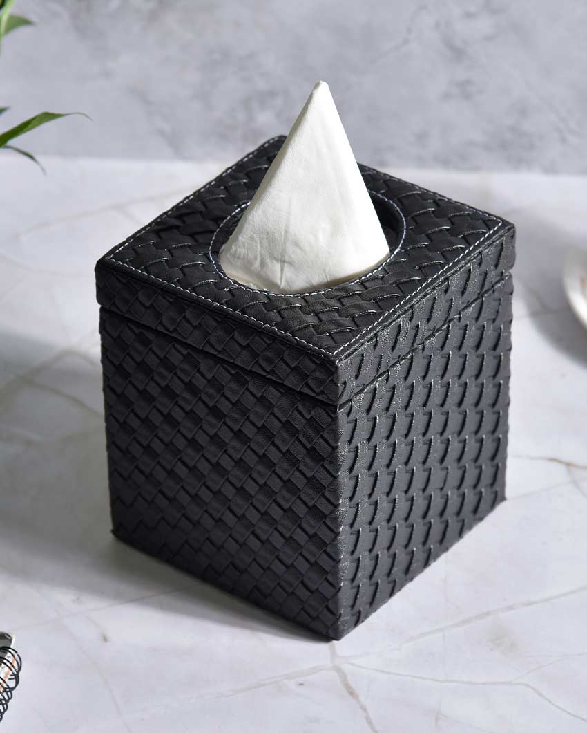 Stylish Square Woven Pattern Faux Leather Tissue Box | 5 x 5 inches