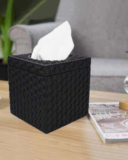 Stylish Square Woven Pattern Faux Leather Tissue Box | 5 x 5 inches