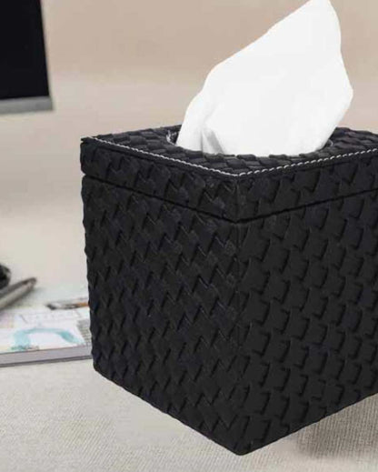 Stylish Square Woven Pattern Faux Leather Tissue Box | 5 x 5 inches