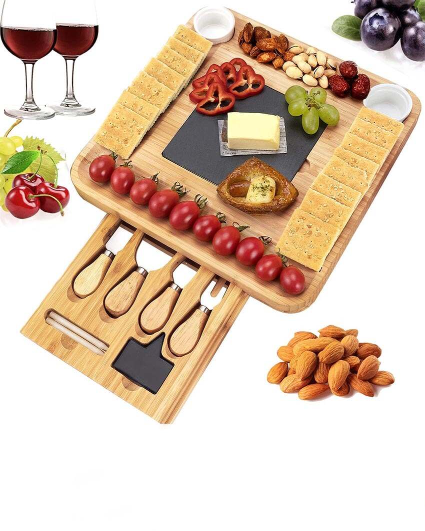 Luxury Slide Drawer Bamboo Cheese Board Set | 19 x 19 x 3 inches