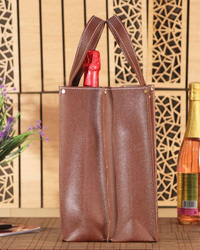 Classic Double Compartment Faux Leather Wine Bottle Bag | 11 x 5 x 11 inches