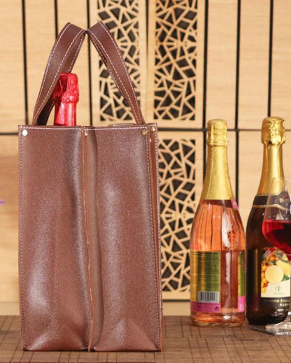 Classic Double Compartment Faux Leather Wine Bottle Bag | 11 x 5 x 11 inches