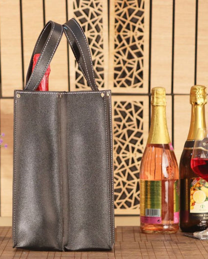 Classic Double Compartment Faux Leather Wine Bottle Bag | 11 x 5 x 11 inches