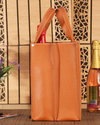 Classic Double Compartment Faux Leather Wine Bottle Bag | 11 x 5 x 11 inches