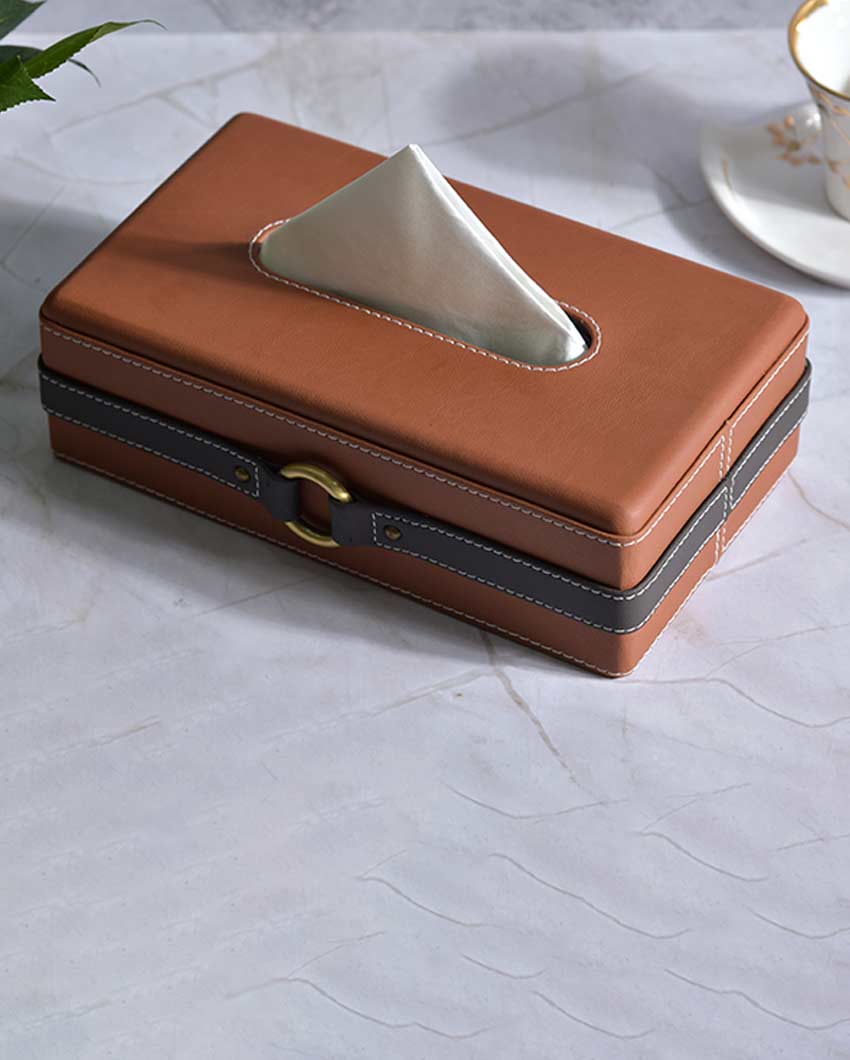 Stylish Rectangle Two Tone With Metal Accent Faux Leather Tissue Box | 10 x 6 x 3 inches