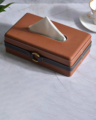 Stylish Rectangle Two Tone With Metal Accent Faux Leather Tissue Box | 10 x 6 x 3 inches