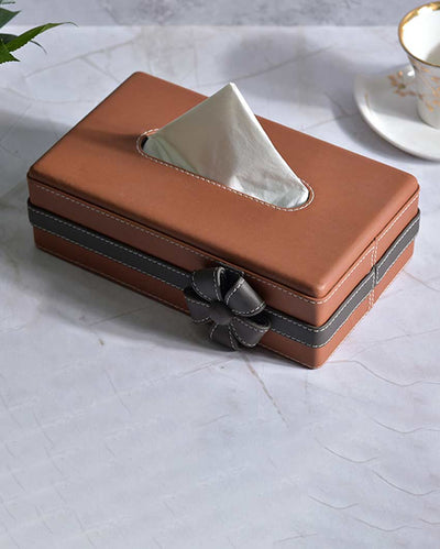 Stylish Flower Two Tone Faux Leather Tissue Box | 10 x 5 x 3 inches