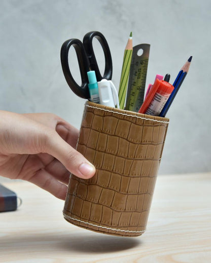 Exclusive Desk Organizer Faux Leather Croc Pen Stand | 3 x 4 inches