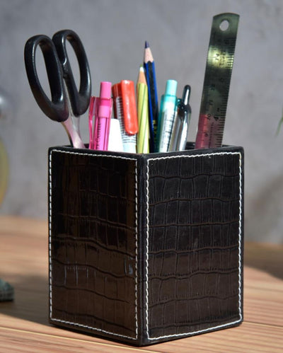 Epic Desk Organizer Faux Leather Croc Square Pen Stand | 4 x 4 x 5 inches