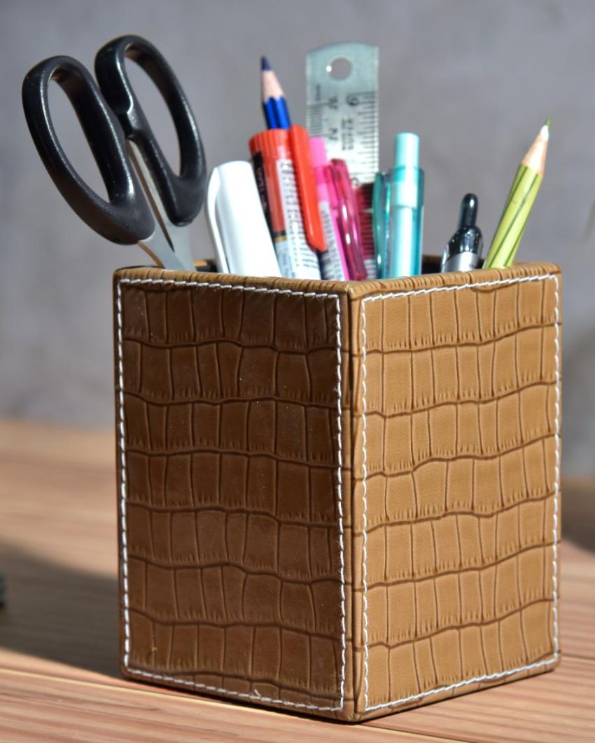 Epic Desk Organizer Faux Leather Croc Square Pen Stand | 4 x 4 x 5 inches