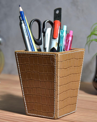 Trendy Desk Organizer Faux Leather Croc Cone Pen Stand | 5 x 4 x 5 inches