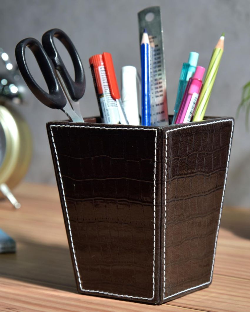 Trendy Desk Organizer Faux Leather Croc Cone Pen Stand | 5 x 4 x 5 inches