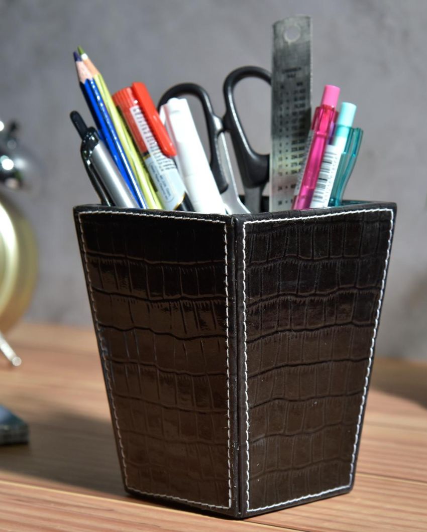 Trendy Desk Organizer Faux Leather Croc Cone Pen Stand | 5 x 4 x 5 inches