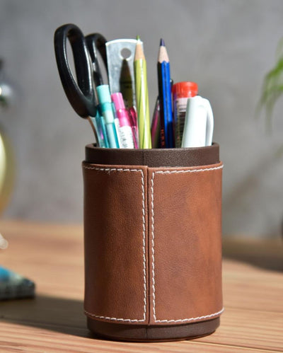 Stylish Desk Organizer Two Tone Faux Leather Pen Stand | 4 x 5 inches