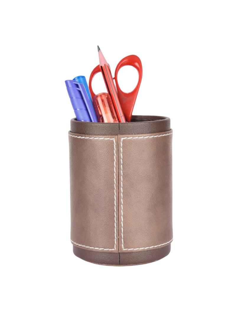 Stylish Desk Organizer Two Tone Faux Leather Pen Stand | 4 x 5 inches