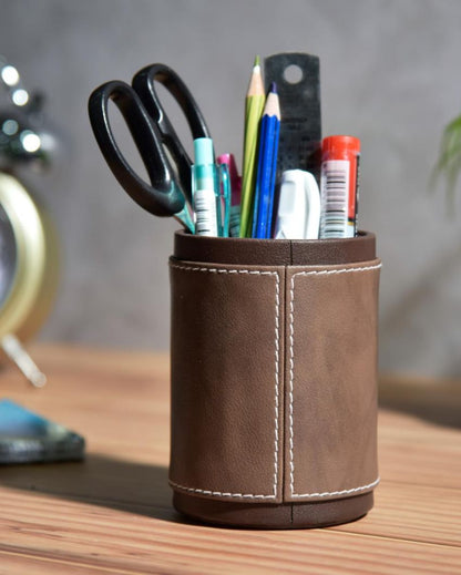 Stylish Desk Organizer Two Tone Faux Leather Pen Stand | 4 x 5 inches